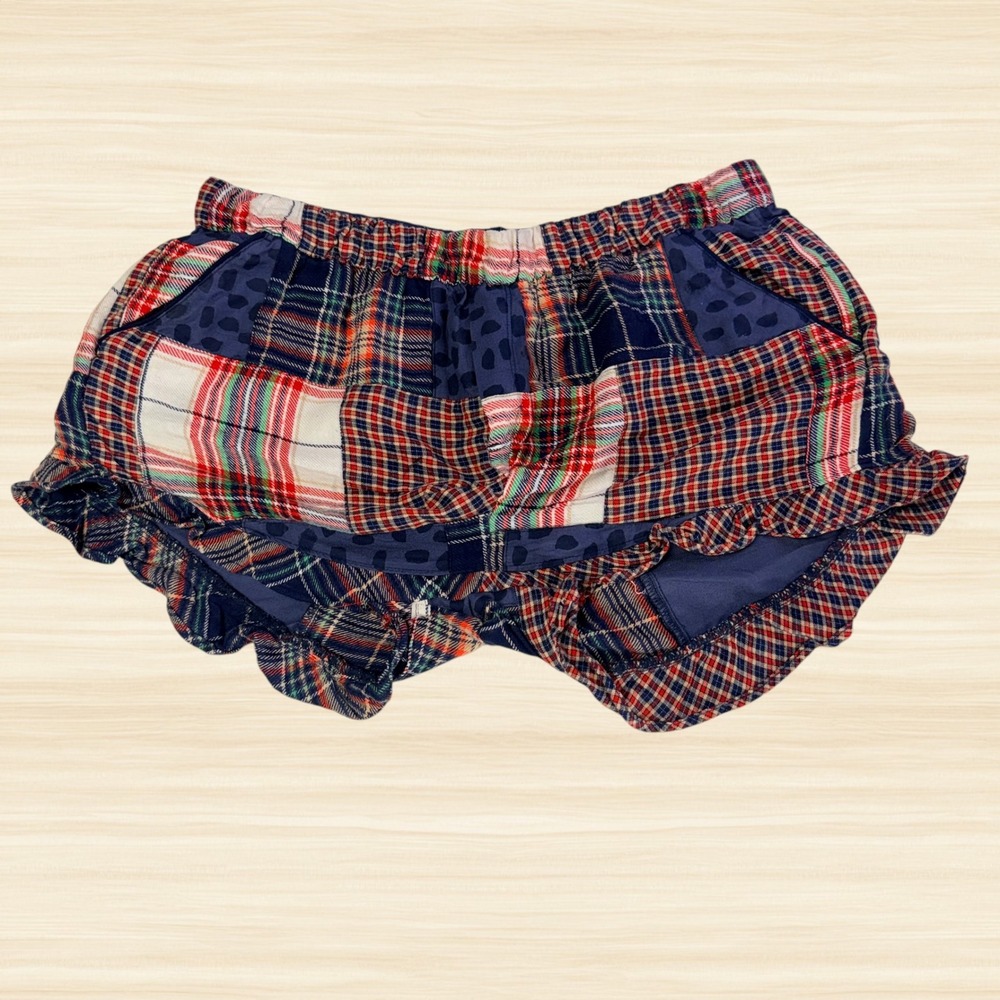 Aerie Patchwork Plaid Ruffle Pajama Lounge Shorts Red Blue Sleepwear Womens L